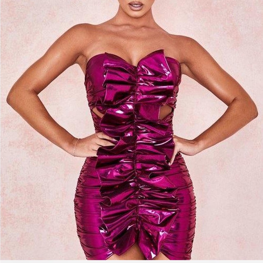 HOUSE OF CB Caterina Pink Strapless Metallic Cut Out Dress Size Small